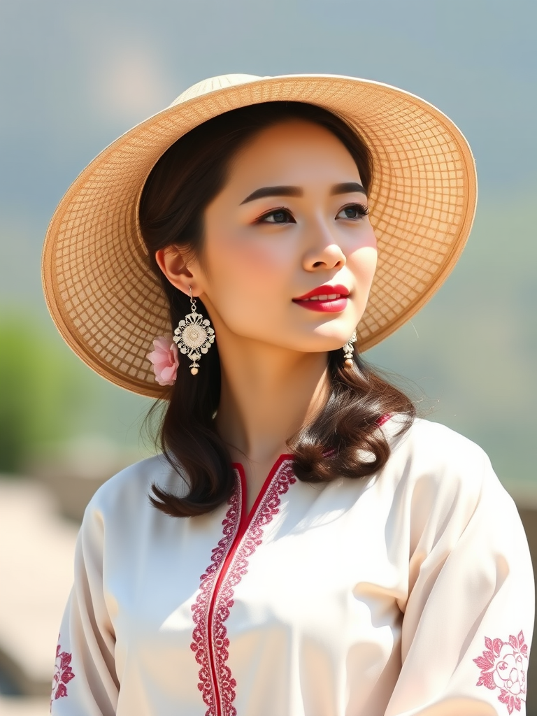 Create a high-resolution, minimalist vector illustration of a woman in a traditional dress with a round hat, using a Canon EOS R5 camera, 50mm f/1.2 lens, aperture set to f/2.8, ISO 100, in natural lighting with a shallow depth of field.