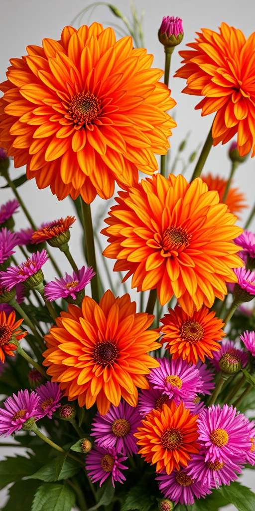 Create a vibrant floral arrangement featuring large orange dahlias and clusters of bright pink asters against a transparent background, captured with a Canon EOS R, 50mm lens, f/2.8 aperture, ISO 100, and a shallow depth of field to enhance image clarity and color contrast.