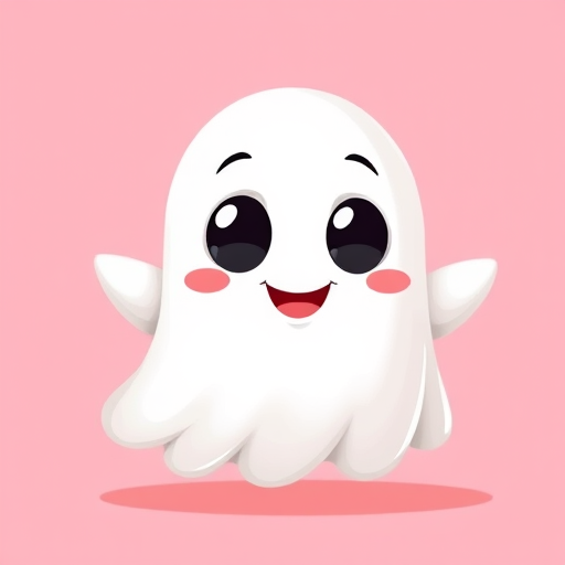 Create a cute cartoon ghost character with large happy eyes and a smiling mouth, set against a pastel pink background, using a high-resolution digital illustration style, captured with a DSLR camera at f/2.8, 50mm lens, natural lighting, and a soft focus effect to enhance depth.