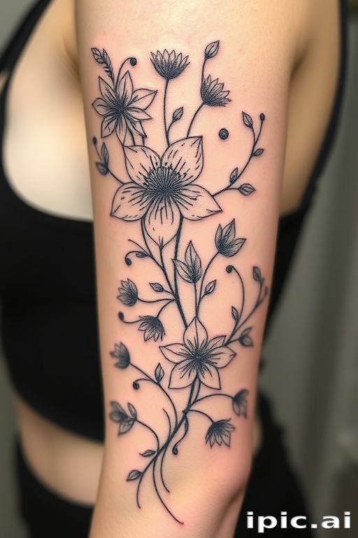 Fine line botanical tattoo, "Nature's Delicacy," featuring exquisitely detailed flowers, leaves, and vines rendered in ultra-thin black lines, capturing the intricate textures and patterns found in nature, perfect for a delicate arm or ribcage piece