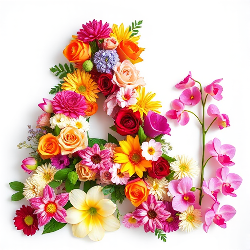 Create an image of the letter A made of various colorful flowers including roses, tulips, and orchids arranged beautifully, captured with a Canon EOS R5, 50mm f/1.2 lens, aperture f/2.8, 1/200 sec shutter speed, in a bright studio setting with soft diffused lighting.