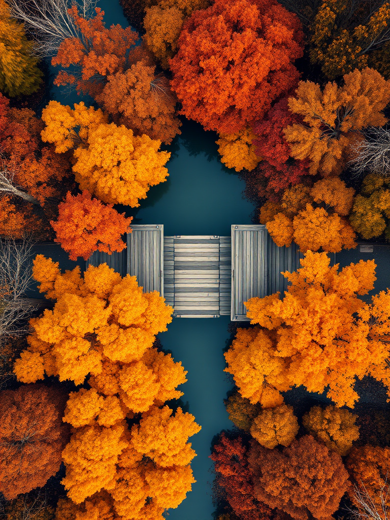 capture an aerial view of a wooden bridge surrounded by vibrant autumn foliage, with warm golden and orange tones, using a Nikon D850, aperture f/8, shutter speed 1/250s, ISO 200, in natural light to enhance detail and richness in colors