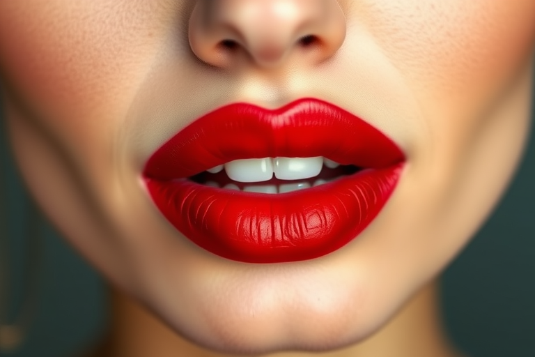 Classic red lip color with a satin finish adorns perfectly symmetrical lips, showcasing their flawless shape and smooth texture in a timeless, elegant style