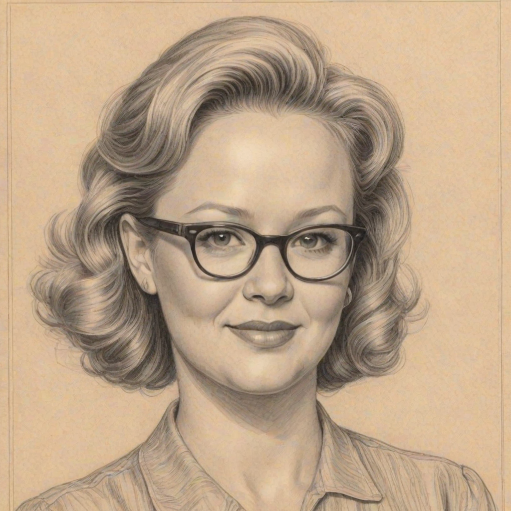 Pleasing Caroline Rhea, pencil sketch, portrait of Exquisite woman 1943s in glasses, hair style beatnik, outline, clear lines, fine lines, 8k