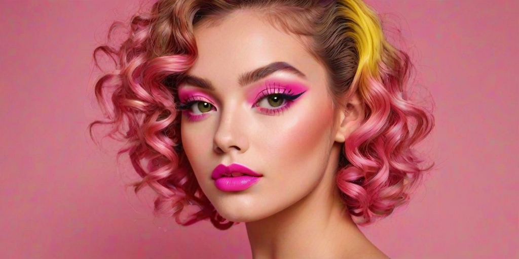 generate an image of a model with colorful makeup featuring vibrant yellow and pink eyeshadow, long eyelashes, and bright pink lips, against a solid pink background, with curly hair styled up and an elegant pose