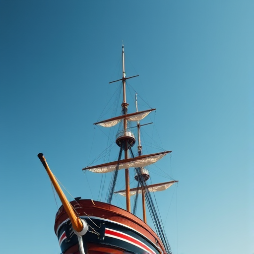 Create an image of a traditional sailing ship with three masts, viewed from a low angle against a clear blue sky, using a DSLR camera with a 50mm lens, aperture set to f/8, ISO 100, and a shutter speed of 1/200s for enhanced clarity and detail.