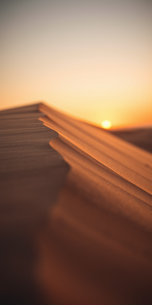capture a close-up of a sand dune at sunset with soft lighting, using a DSLR camera, 50mm lens, aperture f/2.8, ISO 100, and a shallow depth of field for enhanced texture and detail