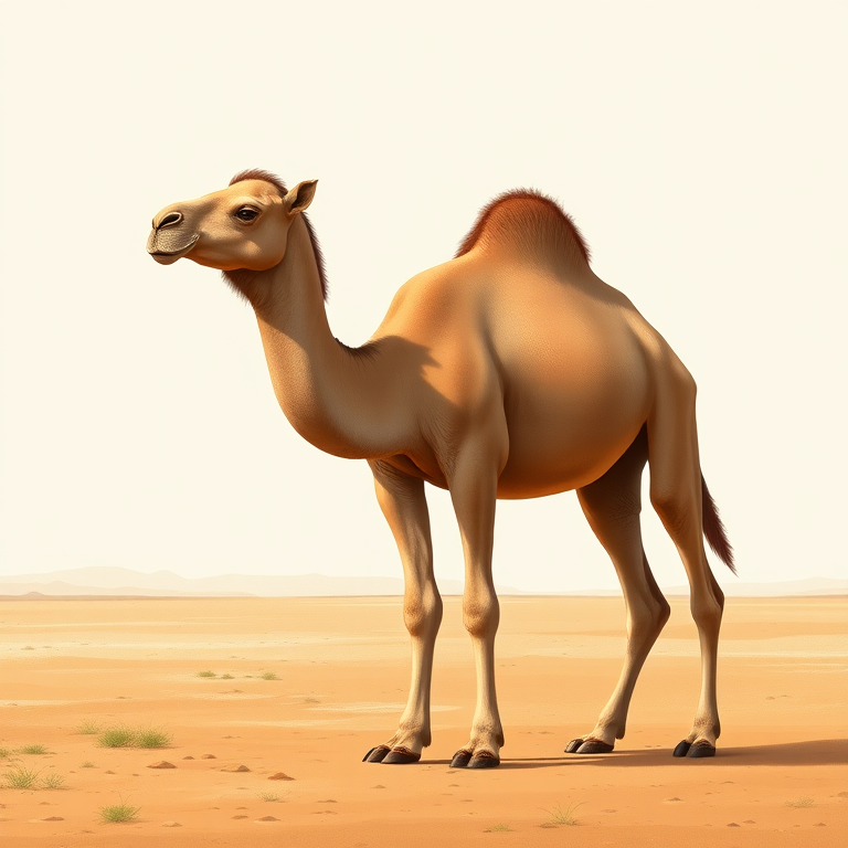 A detailed illustration of a camel standing on a plain with a minimalistic background, captured using a DSLR camera with a 50mm lens at f/4 aperture, ISO 100, 1/200s shutter speed, in natural light to enhance clarity and depth.