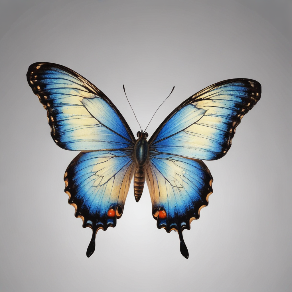 Vibrant Blue Butterfly with Intricate Patterns Against a Soft Gray ...
