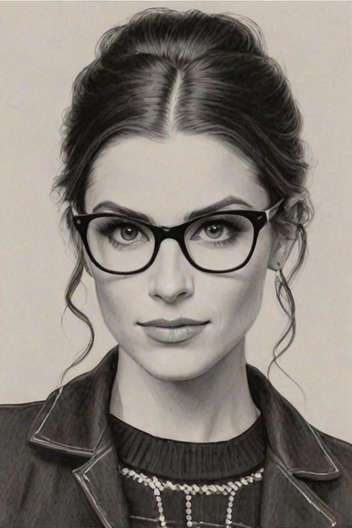 Alluring Meghan Ory, pencil sketch, portrait of Dazzling woman 1922s in glasses, hair style beatnik, outline, clear lines, fine lines, 8k