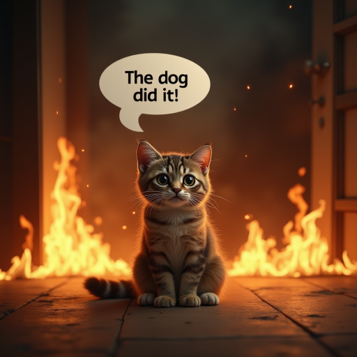 Photorealistic image of an innocent-looking cat sitting calmly in the middle of a burning room. Flames engulf the room, with fire licking up the walls and smoke filling the air. The cat is sitting on the floor, looking directly at the viewer with wide, innocent eyes. Above the cat, a speech bubble says "The dog did it!" The contrast between the cat's calm demeanor and the chaos around it creates a humorous and surreal scene.