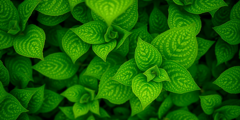 lush green plants with speckled leaves, macro shot, aperture f/2.8, ISO 100, shutter speed 1/125 sec, natural light, DSLR camera, top-down view, high-resolution