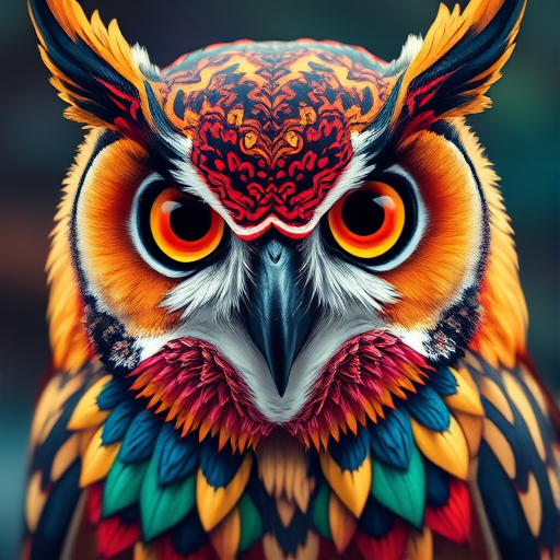 Create a vibrant, colorful illustration of an owl with intricate patterns and bold colors, shot from a close-up perspective using a DSLR camera at f/2.8, ISO 100, 1/60s shutter speed, with a shallow depth of field to enhance the details and richness of the texture.