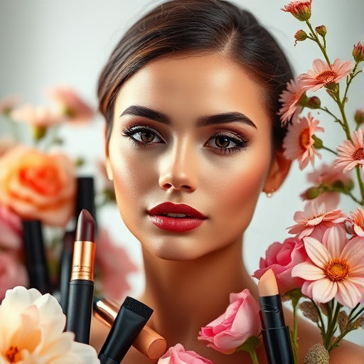 A glamorous portrait of a woman with flawless skin and bold makeup surrounded by makeup products and flowers, soft focus background, 50mm lens, f/1.8 aperture, shot at 1/100 sec, ISO 100, studio lighting, high dynamic range, vibrant colors, digital art style.
