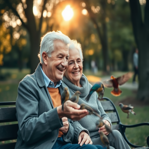 Blurry candid shot of an elderly couple sitting on a park bench, sharing a warm smile as they feed birds, soft sunlight filtering through the trees and casting a warm glow.