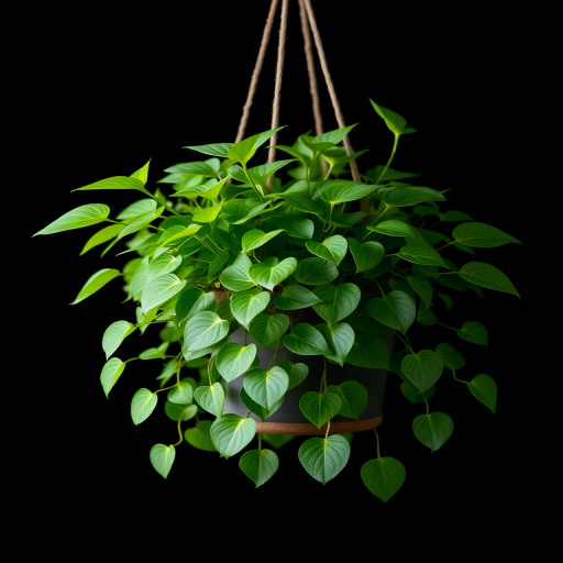 hanging potted plant with lush green leaves, high detail, studio lighting, 50mm lens, f/2.8 aperture, ISO 100, 1/200 sec shutter speed, centered composition, black background