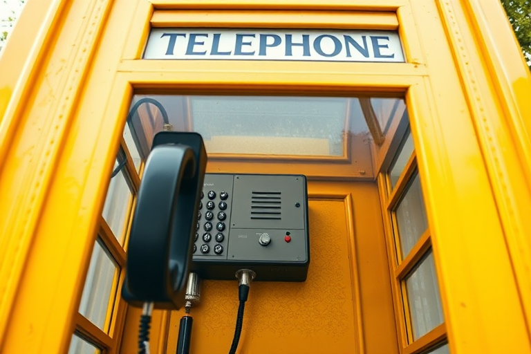 Create a high-resolution image of a vintage telephone booth with a classic black phone and a bright yellow exterior, using a DSLR camera set to f/2.8, ISO 100, shutter speed 1/160s, taken from a low-angle perspective with a wide-angle lens to emphasize the booth's shape and colors.