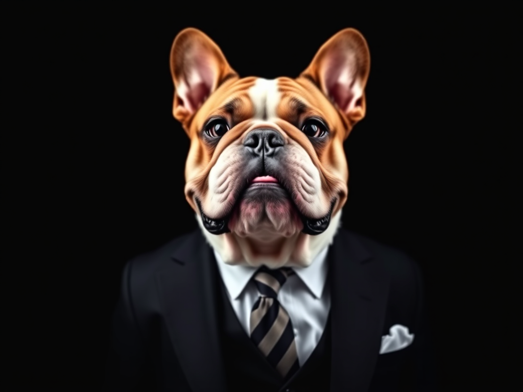 Create an image of a bulldog in a tailored suit, black background, high contrast, using a DSLR camera with a 50mm lens, f/1.8 aperture, ISO 100, in portrait view for detailed clarity and sharpness.