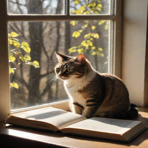 High-contrast image of a cat sitting on a windowsill, sun streaming in through the glass, casting shadows of tree branches on the floor, soft focus on the cat's eyes as it watches birds outside, a cup of tea steaming on a table nearby, a book left open with pages fluttering in the breeze.