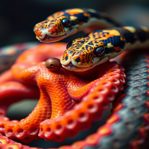 Create a high-resolution image of a snake entwined with an octopus, focusing on vibrant colors and intricate details, shot with a DSLR camera at 50mm, f/2.8 aperture, ISO 100, in natural light, with a slight depth of field to emphasize the subjects in a clear, captivating way.