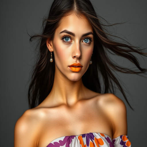 Photographic image of a beautiful young First Nations woman, blue eyes, lips with Yellow lipstick, long hair fluttering in the wind and wearing a silk strapless dress with a soft purple and orange print. monochrome image with only color highlights in the iris of the eyes, lipstick and dress. Gray background.