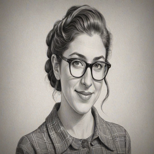 Magnificent Mayim Bialik, pencil sketch, portrait of Appealing woman 1948s in glasses, hair style beatnik, outline, clear lines, fine lines, 8k