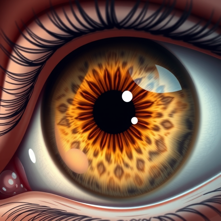 Create a highly detailed illustration of a large eye with intricate patterns in the iris, using a macro lens, f/2.8 aperture, 50mm focal length, soft lighting, and a slightly tilted angle to enhance depth and clarity.