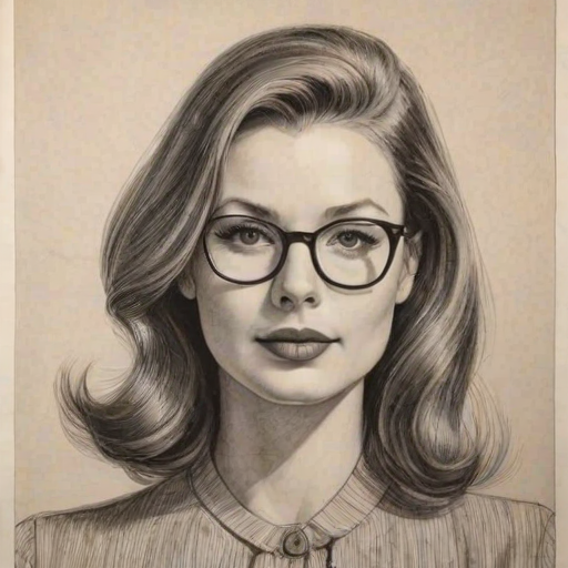 Stunning Rachel Nichols, pencil sketch, portrait of Enchanting woman 1949s in glasses, hair style beatnik, outline, clear lines, fine lines, 8k