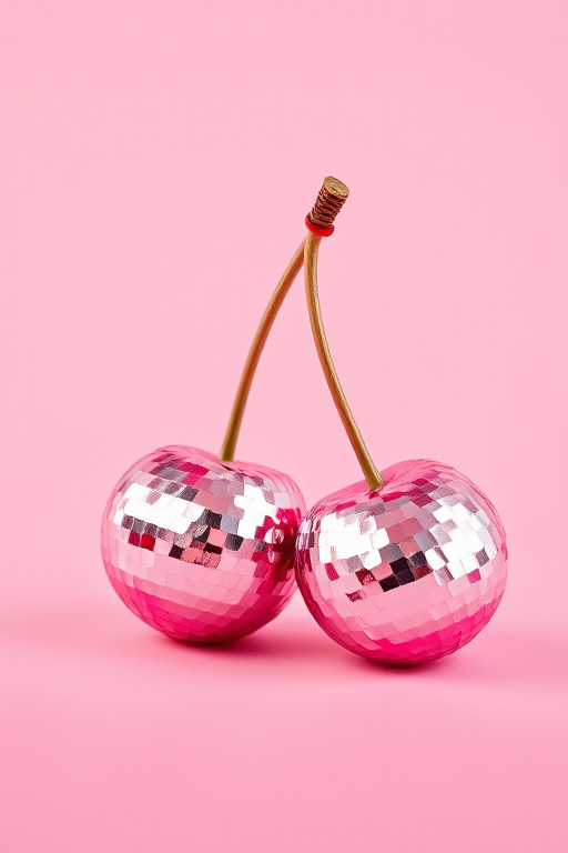 photograph of two shiny disco ball cherries on a soft gradient pink background, 50mm lens, f/2.8 aperture, ISO 100, soft lighting, shot from eye level, using a DSLR camera, high dynamic range settings