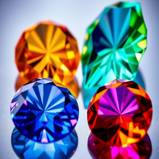 Create an image of four sparkling, multifaceted gemstones in a square layout, featuring a vibrant orange, green, blue, and purple gem, with a macro lens, f/2.8 aperture, ISO 100, and a focus on reflecting light to enhance their clarity and color saturation.