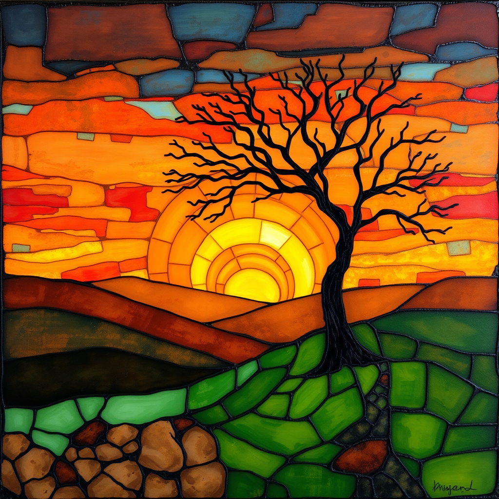 A vibrant abstract painting on Tiffany Glass, blending acrylic and alcohol ink techniques, captures a dramatic sunset over rolling hills. The artwork features a textured, rocky foreground in green and brown, layered abstract hills, and a striking sunset in rich oranges, yellows, and reds. A solitary black tree with intricate branches contrasts against the fiery sky, creating a dynamic and expressive portrayal of a breathtaking natural scene.