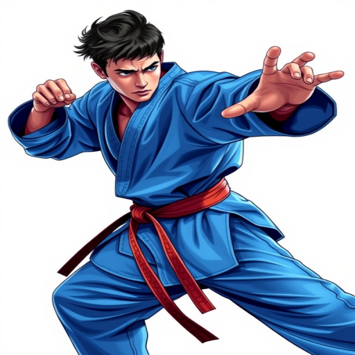 Create a digital illustration of a martial artist in a dynamic pose, wearing a traditional blue karate outfit, with a focus on expressive movement, high saturation colors, soft shadows, and a simple white background, using a wide-angle lens, f/2.8 aperture, 24mm focal length, and a vibrant color palette for clarity and detail.