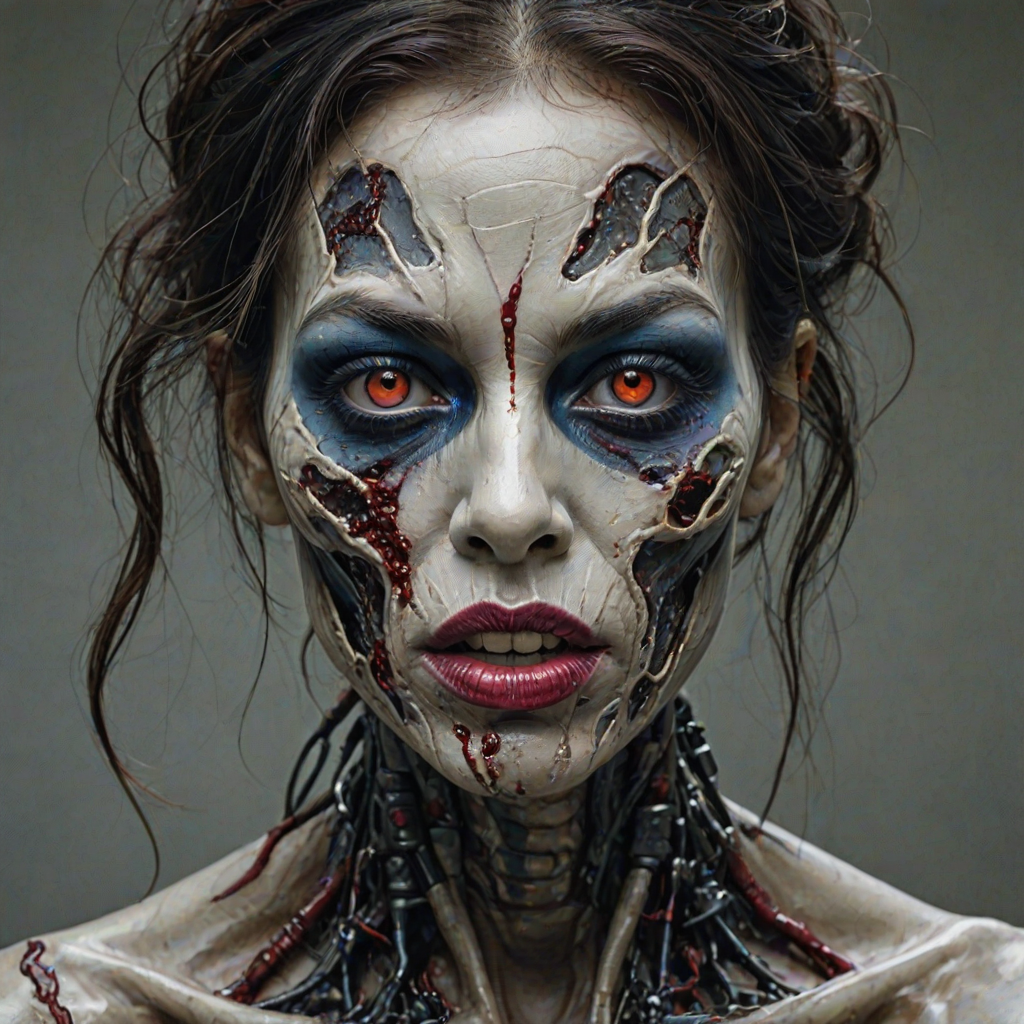 (perspective) of A creepy (ethnicity) zombie cyborg with (descriptive color) skin, (color) lipstick (color) liquid flowing from her eyes and mouth, (perspective two) portrait, (camera angle), extremely detailed, (art style) in the style of Yoshitaka Amano and Tetsuo Hara. --ar 85:128 --style raw --niji 6