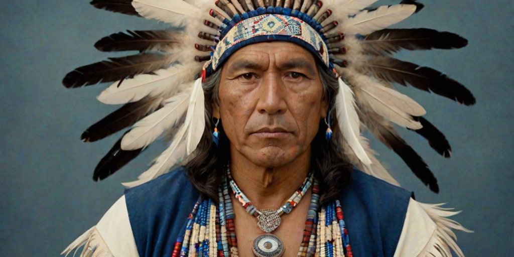 Create a dignified portrait of a Native American man dressed in traditional attire. He wears a beautifully crafted headdress adorned with white feathers and red beads, along with a beaded headband featuring intricate patterns. His clothing includes a deep blue, patterned shirt and a traditional chest piece with detailed beadwork. His arms are crossed, displaying leather armbands decorated with feathers. The background is simple and neutral, emphasizing his proud and stoic expression. The overall image captures the rich cultural heritage and strength of his persona.