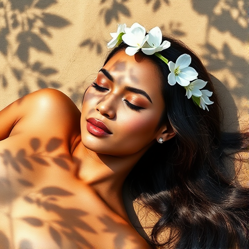 create a watercolor painting of an ethereal portrait of beautiful Samoan woman with a simple white flower crown on her head. Her hair is long and she is lying on the ground. The sunlight on the trees casts shadows from the leaves on her face and body. The background is a neutral brown color that matches her skin tone. The image is minimalist and solid colors. This style is characterized by soft, delicate brushstrokes and a light, airy, contrasting color palette. High level of detail and play of light