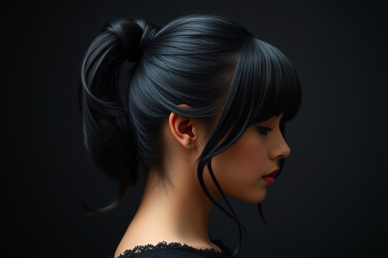 Lustrous jet black hair styled in a high ponytail with face-framing tendrils, the Midnight Veil style exudes timeless elegance and mysterious allure