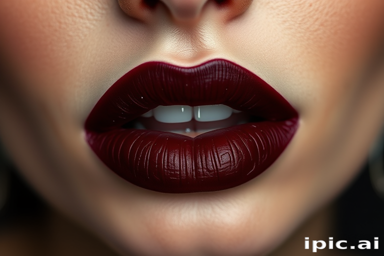 Velvety matte burgundy lips with "Wine Noir" style, enhanced by a subtle black outline and tiny flecks of silver glitter for a dramatic and sophisticated look