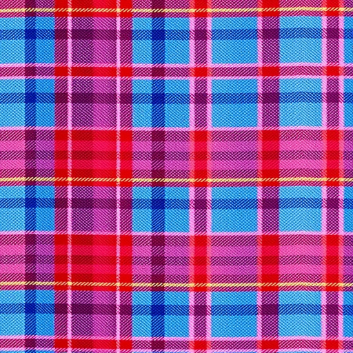 Create a high-resolution image of a multi-colored plaid pattern with varying shades of blue, red, and pink, using a DSLR camera, with an aperture of f/8, a shutter speed of 1/125 sec, ISO 200, with a top-down view, and a macro lens for detailed texture.
