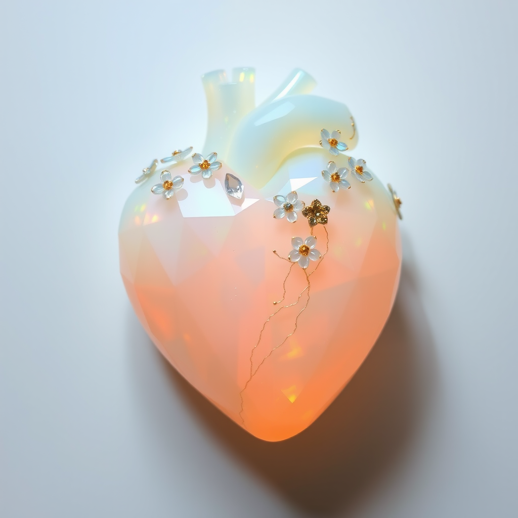 a human heart made of facet cut opal crystal, decorated with small crystal flowers, pastel colors, fine subtle gold details, white background, small drop shadow, beautiful light incidence, prism.