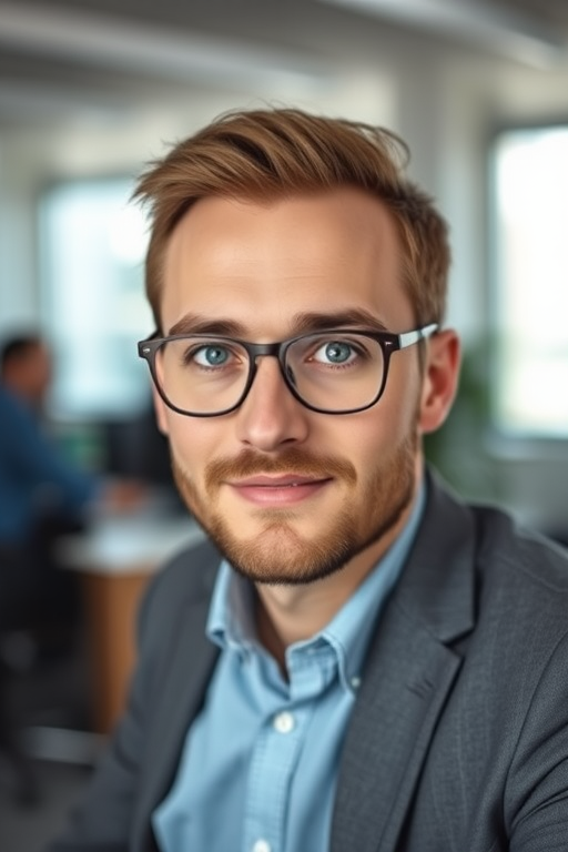 portrait of a man with glasses in an office setting, natural lighting, shallow depth of field, 85mm lens, f/1.8, ISO 200, 1/125s, focus on the subject, soft background blur