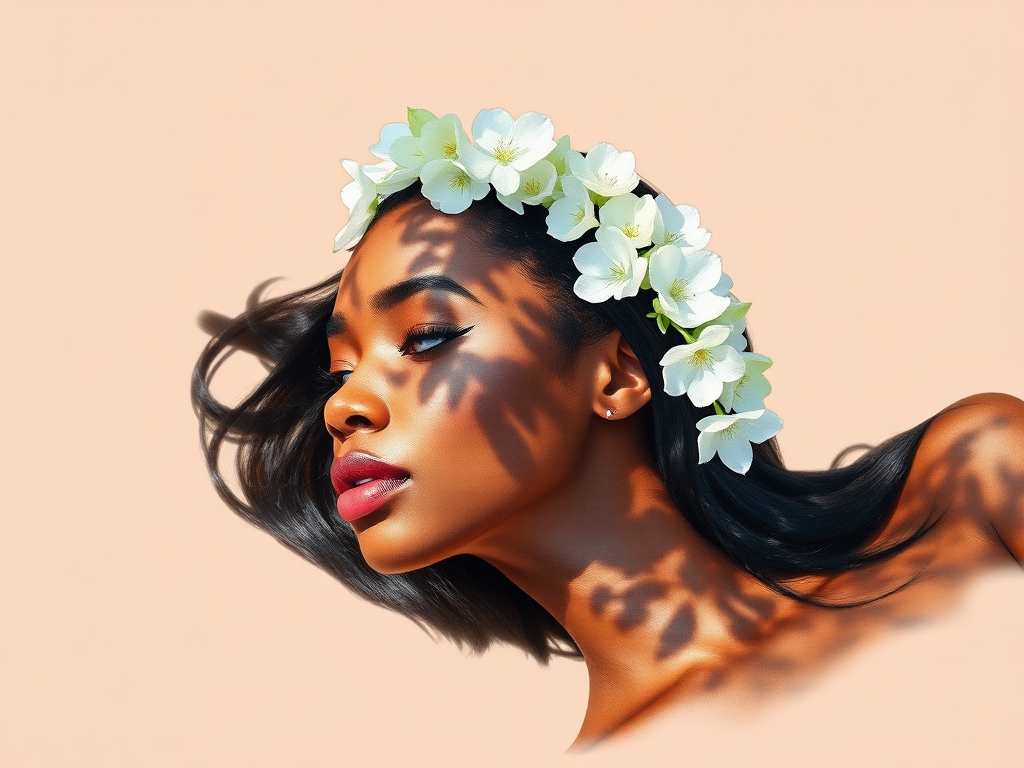 create a watercolor painting of an ethereal portrait of beautiful African American woman with a simple white flower crown on her head. Her hair is long and she is lying on the ground. The sunlight on the trees casts shadows from the leaves on her face and body. The background is a neutral brown color that matches her skin tone. The image is minimalist and solid colors. This style is characterized by soft, delicate brushstrokes and a light, airy, contrasting color palette. High level of detail and play of light