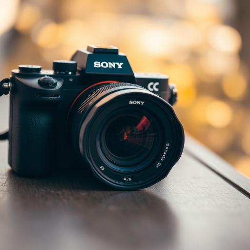 Capture a close-up of a Sony camera on a wooden surface with a shallow depth of field, using a Sony A7 III with a 35mm f/1.8 lens, ISO 100, aperture f/2.8, shutter speed 1/60 sec, natural lighting for a soft, warm atmosphere.