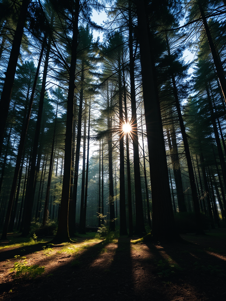 Create a high-resolution image of a tranquil forest scene with sunlight filtering through the trees, using a Canon EOS R5 camera, 24mm lens, f/8 aperture, ISO 100, and a shutter speed of 1/125 sec, shot from a low angle to emphasize the depth of the forest.