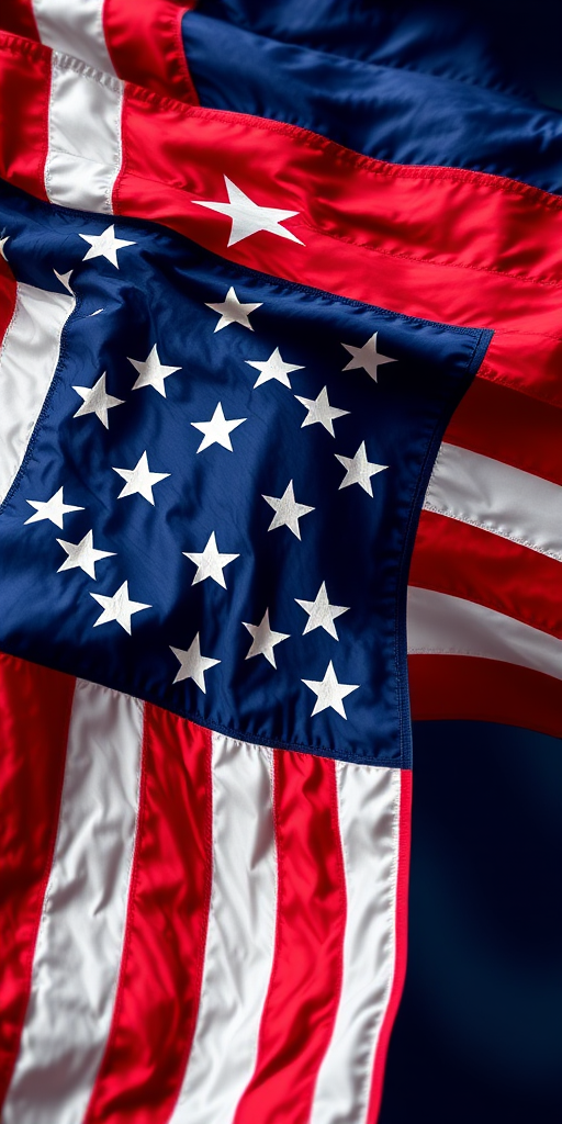 Create a vibrant, textured image of the American flag waving with a dynamic background; use a DSLR camera, 50mm lens, f/8 aperture, ISO 100, shutter speed 1/125 sec, overhead view, capturing rich colors and intricate details.