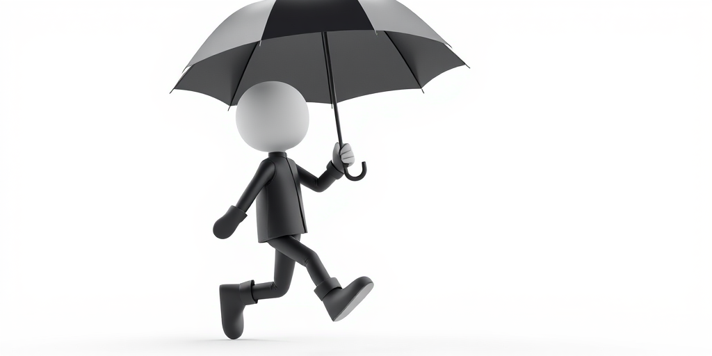 Create a 3D render of a stylized humanoid figure holding a dark umbrella while skipping joyfully, use a Canon EOS R5 with a 50mm f/1.2 lens, aperture set to f/2.8, ISO 100, and a soft diffused lighting setup to enhance details and colors in a clean white background.