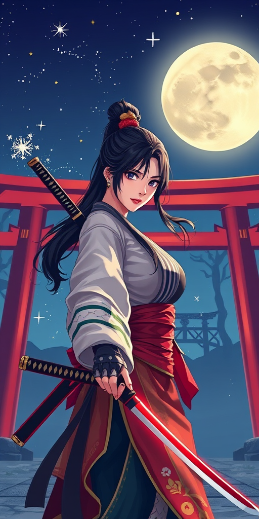 create a digital illustration of a warrior woman holding a katana against a torii gate backdrop with a starry night and moon, use a Canon EOS R5, 50mm lens, aperture f/1.8, ISO 100, with soft focus and vibrant colors