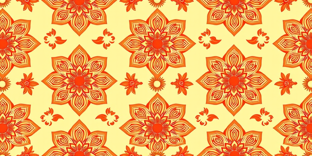 Create a seamless vector pattern of intricate floral designs in warm colors on a soft yellow background, using a high-resolution digital camera with a 50mm lens, aperture f/8, ISO 100, and a top-down view to enhance clarity and detail.