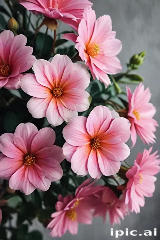 Delicate Pink Flowers in Full Bloom Against a Soft Gray Background