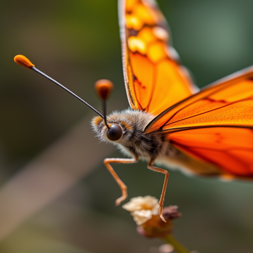 Capture a detailed close-up of a butterfly with vibrant orange and yellow wings, using a macro lens at f/2.8 aperture, ISO 100, 1/200 sec shutter speed, in natural light with a blurred background.
