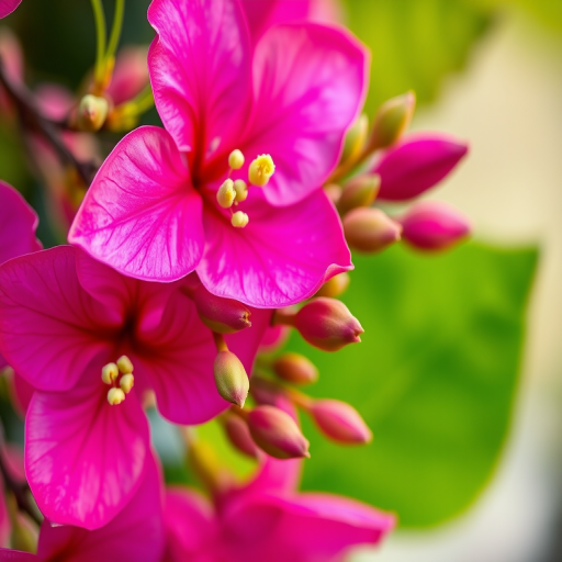 close-up of vibrant pink bougainvillea flowers with green buds, macro photography, 50mm lens, f/2.8 aperture, ISO 200, natural light, soft focus background, DSLR camera